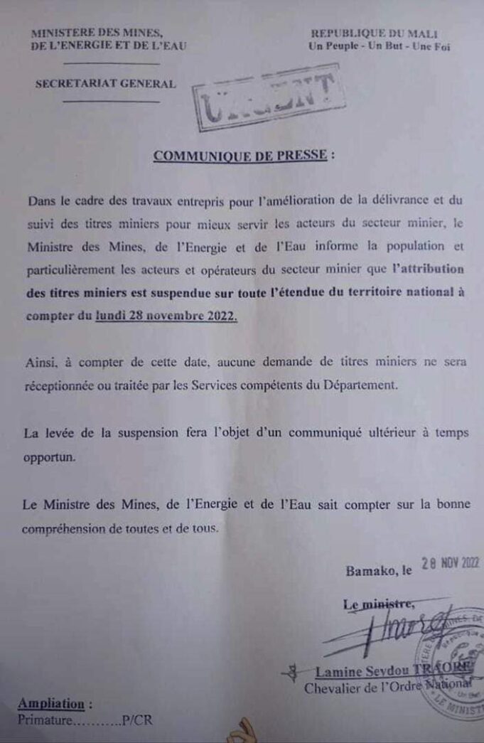Mali: The government suspends the attribution of mining titles from 28 November 2022