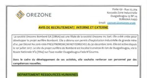 La mine OREZONE BOMBORE SA recrute un Spécialiste de la formation et suivi de la performance