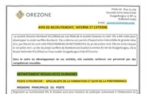 The mine OREZONE BOMBORE SA is recruiting a Training and Performance Monitoring Specialist