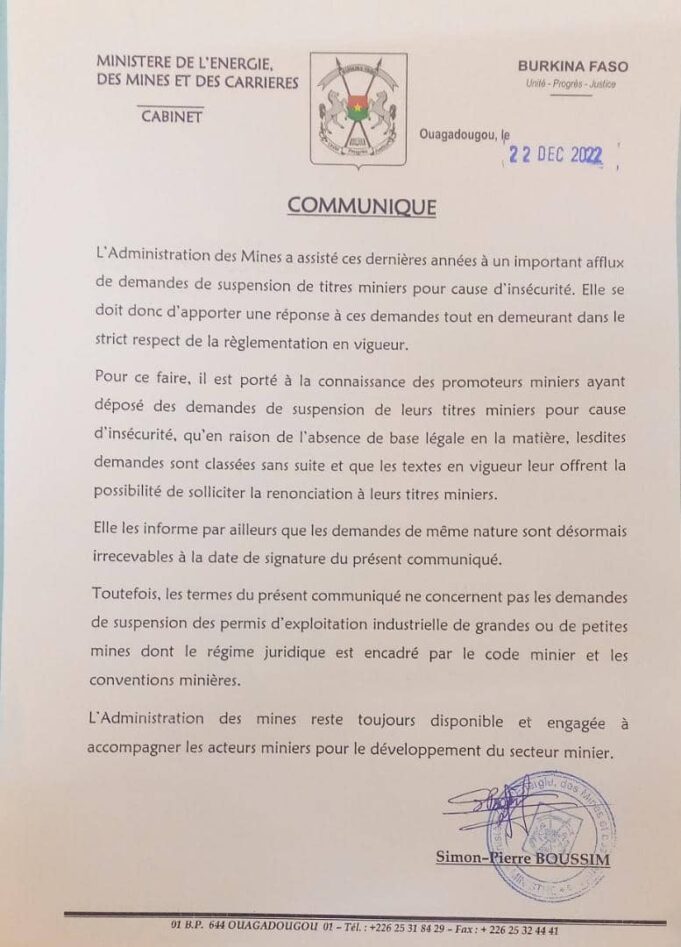 Mining titles: the Minister of Mines recommends renunciation instead of suspension