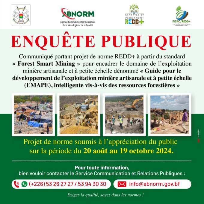 COMMUNIQUE : PROJET DE NORME REDD+ A PARTIR DU STANDARD « FOREST SMART MINING » POUR ENCADRER LE DOMAINE DE L’EXPLOITATION MINIERE ARTISANALE ET A PETITE ECHELLE DENOMME « GUIDE POUR LE DEVELOPPEMENT DE L’EXPLOITATION MINIERE ARTISANALE ET A PETITE ECHELLE (EMAPE), INTELLIGENTE VIS-A-VIS DES RESSOURCES FORESTIERES »