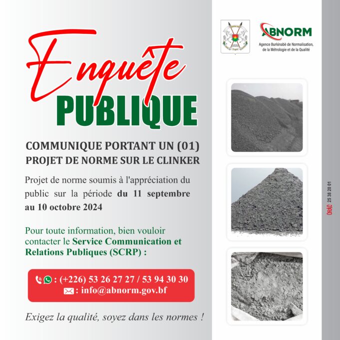 COMMUNIQUE PORTANT UN (01) PROJET DE NORME SUR LE CLINKER