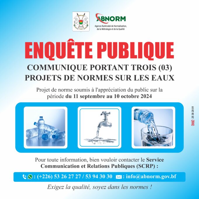 COMMUNIQUE PORTANT SUR TROIS (03) PROJETS DE NORMES SUR LES EAUX