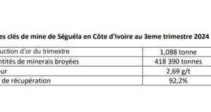 Côte d’Ivoire : La mine de Séguéla a produit 5,189 tonnes entre janvier et septembre 2024