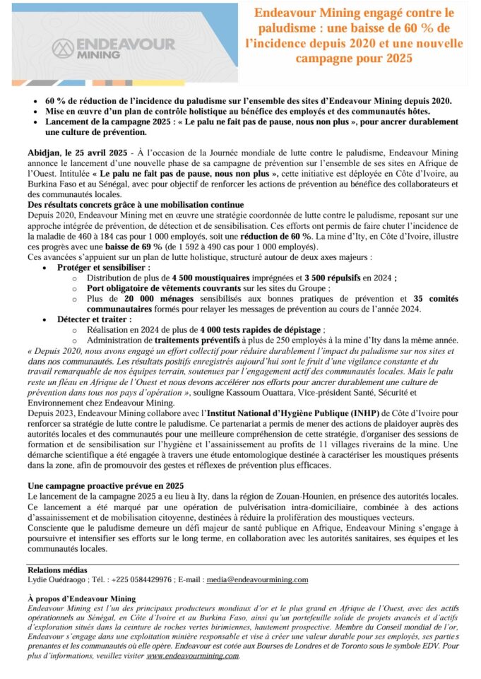 Endeavour Mining engagé contre le paludisme : une baisse de 60 % de l’incidence depuis 2020 et une nouvelle campagne pour 2025